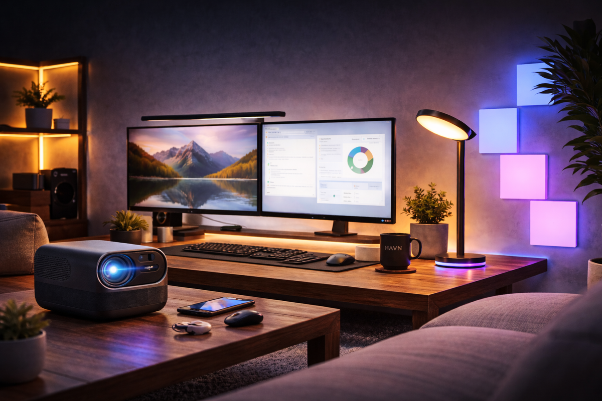 A modern room combining a projector, dual displays, smart lighting panels and a workspace desk